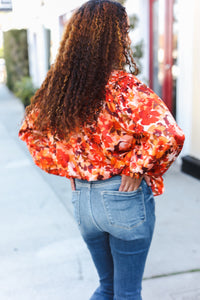 Fall Vibes Rust Floral Print Notched Neck Smocked Satin Top