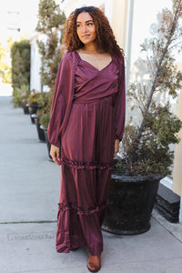 Holiday Vibes Wine Satin Front Overlap Smocked Back Maxi Dress