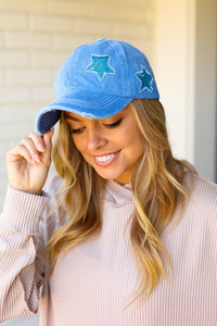 Blue Glitter Star Distressed Baseball Cap