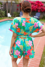 Tropical Vibes Turquoise Floral Surplice Tie Waist Romper