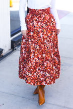 Casual Living Rust Floral Tiered Smocked Waist Midi Skirt