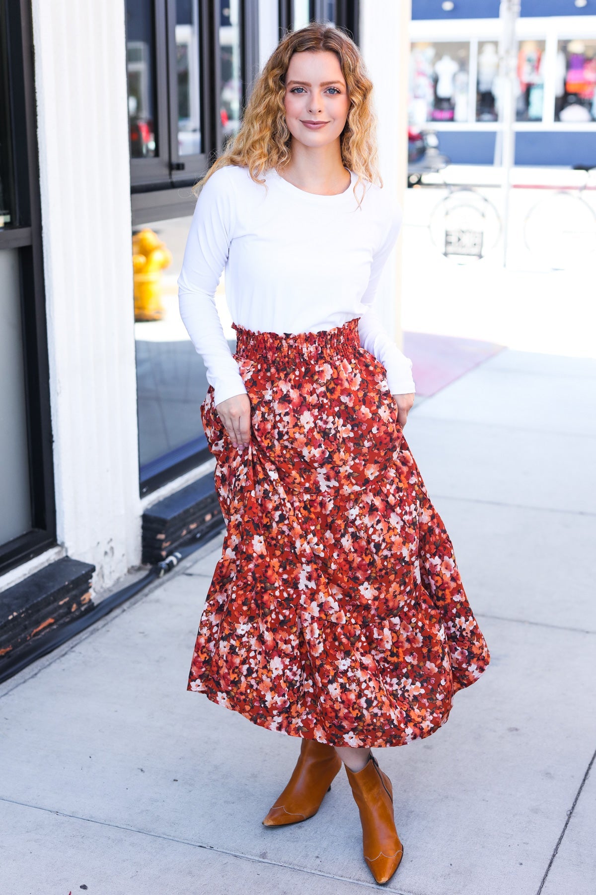 Casual Living Rust Floral Tiered Smocked Waist Midi Skirt