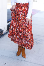 Casual Living Rust Floral Tiered Smocked Waist Midi Skirt