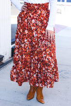 Casual Living Rust Floral Tiered Smocked Waist Midi Skirt