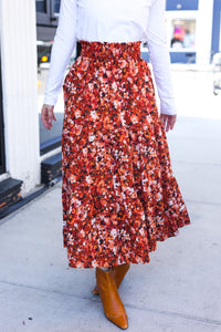 Casual Living Rust Floral Tiered Smocked Waist Midi Skirt