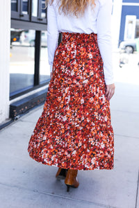 Casual Living Rust Floral Tiered Smocked Waist Midi Skirt