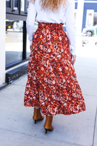 Casual Living Rust Floral Tiered Smocked Waist Midi Skirt