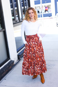 Casual Living Rust Floral Tiered Smocked Waist Midi Skirt