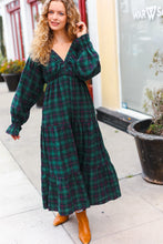 All I Want Hunter Green Plaid Elastic V Neck Tiered Maxi Dress