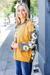 Feeling Casual Chic Mustard Animal Print Cable Color Block Sweater