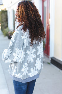 Season Greetings Silver Puffy Snowflake Sherpa Pullover