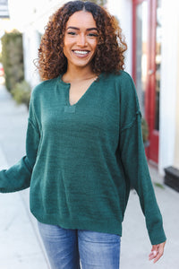 Lock Eyes Hunter Green Notched Neck With Patch Oversized Sweater