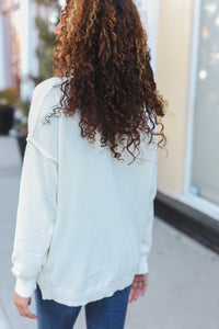 Lock Eyes Ivory Notched Neck With Patch Oversized Sweater