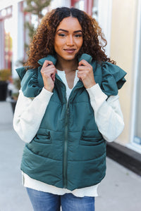 Feeling Festive Hunter Green Zipper Up Quilted Ruffle Sleeve Puffer Vest