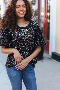 Holiday Ready Black Velvet Multicolor Sequin Puff Sleeve Top