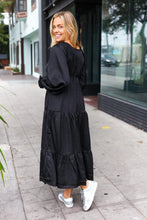 Elegant Black Elastic V Neck Tiered Satin Maxi Dress