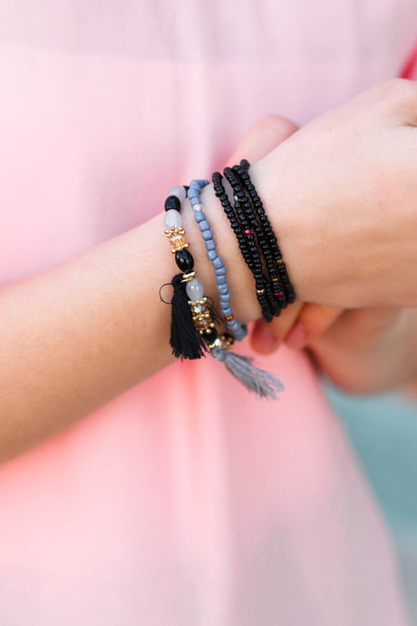 Gray & Black Beaded Tassel Bracelet Set