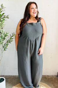 Everyday Grey Olive Wide Leg Suspender Overall Jumpsuit