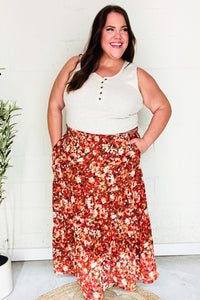 Casual Living Rust Floral Tiered Smocked Waist Midi Skirt