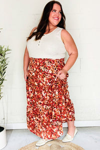 Casual Living Rust Floral Tiered Smocked Waist Midi Skirt