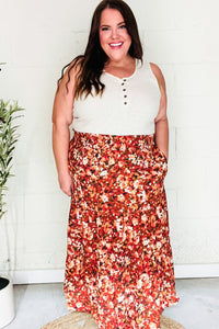 Casual Living Rust Floral Tiered Smocked Waist Midi Skirt