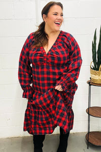 All I Want Red Plaid Elastic V Neck Tiered Maxi Dress