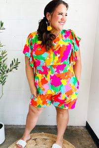 Under The Sun Abstract Floral Smocked Waist V Neck Flutter Sleeve Romper