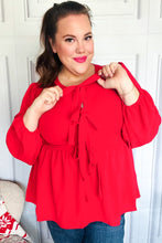 Embrace Joy Red Ribbon Bow Tie Babydoll Woven Top