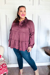 Perfectly You Burgundy Button Down Tiered Babydoll Satin Top