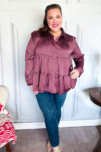 Perfectly You Burgundy Button Down Tiered Babydoll Satin Top