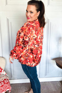 Fall Vibes Rust Floral Print Notched Neck Smocked Satin Top