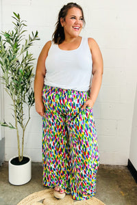 Stand Out Navy & Green Abstract Print Smocked Waist Palazzo Pants