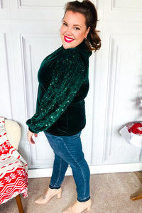 Under the Lights Green Velvet & Sequin Frill Mock Neck Top