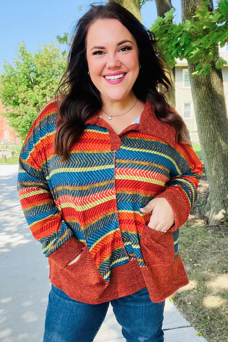 Casual Living Rust & Teal Striped Two Tone Knit Pocketed Top