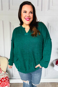 Lock Eyes Hunter Green Notched Neck With Patch Oversized Sweater