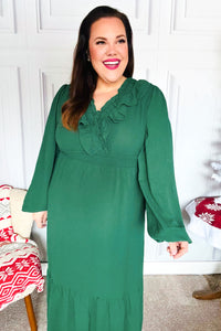 Beautiful You Holiday Green Overlap Ruffle V Neck Midi Dress