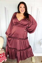 Holiday Vibes Wine Satin Front Overlap Smocked Back Maxi Dress