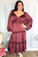 Holiday Vibes Wine Satin Front Overlap Smocked Back Maxi Dress