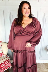 Holiday Vibes Wine Satin Front Overlap Smocked Back Maxi Dress