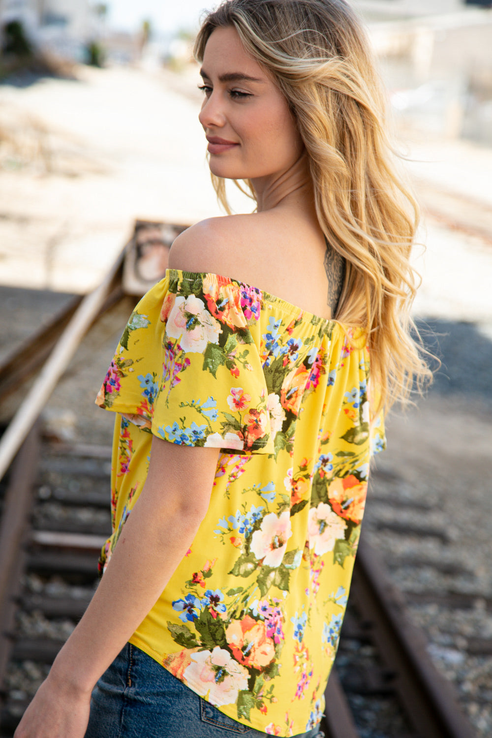 Off the shoulder sunflower top hot sale