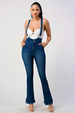 HIGH WAIST STRIPED STRETCH FLARED DENIM JUMPSUIT