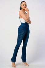 HIGH WAIST STRIPED STRETCH FLARED DENIM JUMPSUIT