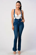 HIGH WAIST STRIPED STRETCH FLARED DENIM JUMPSUIT