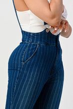 HIGH WAIST STRIPED STRETCH FLARED DENIM JUMPSUIT