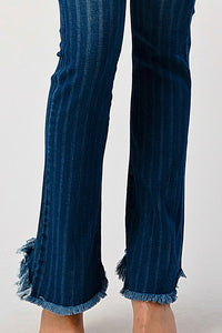 HIGH WAIST STRIPED STRETCH FLARED DENIM JUMPSUIT