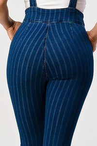 HIGH WAIST STRIPED STRETCH FLARED DENIM JUMPSUIT