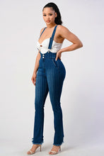 HIGH WAIST STRIPED STRETCH FLARED DENIM JUMPSUIT