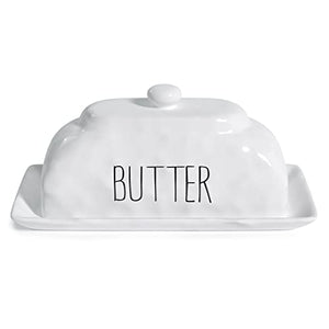 Barnyard Designs Ceramic Butter Dish with Lid for Countertop, Large Butter Holder, Butter Crock for Counter, Covered Butter Dish for Refrigerator, Farmhouse Dishes Kitchen Decor, White, 8" x 4"