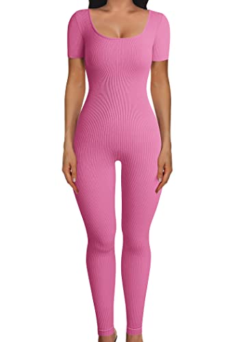 PRETTYGARDEN Women's Sexy Bodycon Jumpsuits Short Sleeve Square Neck Ribbed Knit One Piece Outfit Summer Rompers (Pants Pink,Small)