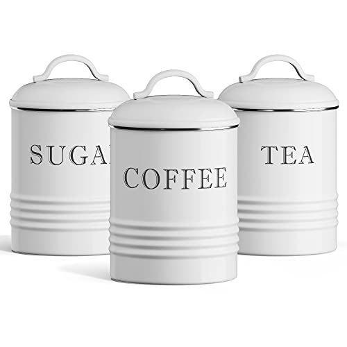 Barnyard Designs White Canister Sets for Kitchen Counter, Vintage Kitchen Canisters, Country Rustic Farmhouse Decor for the Kitchen, Coffee Tea Sugar Farmhouse Kitchen Decor Set, Metal